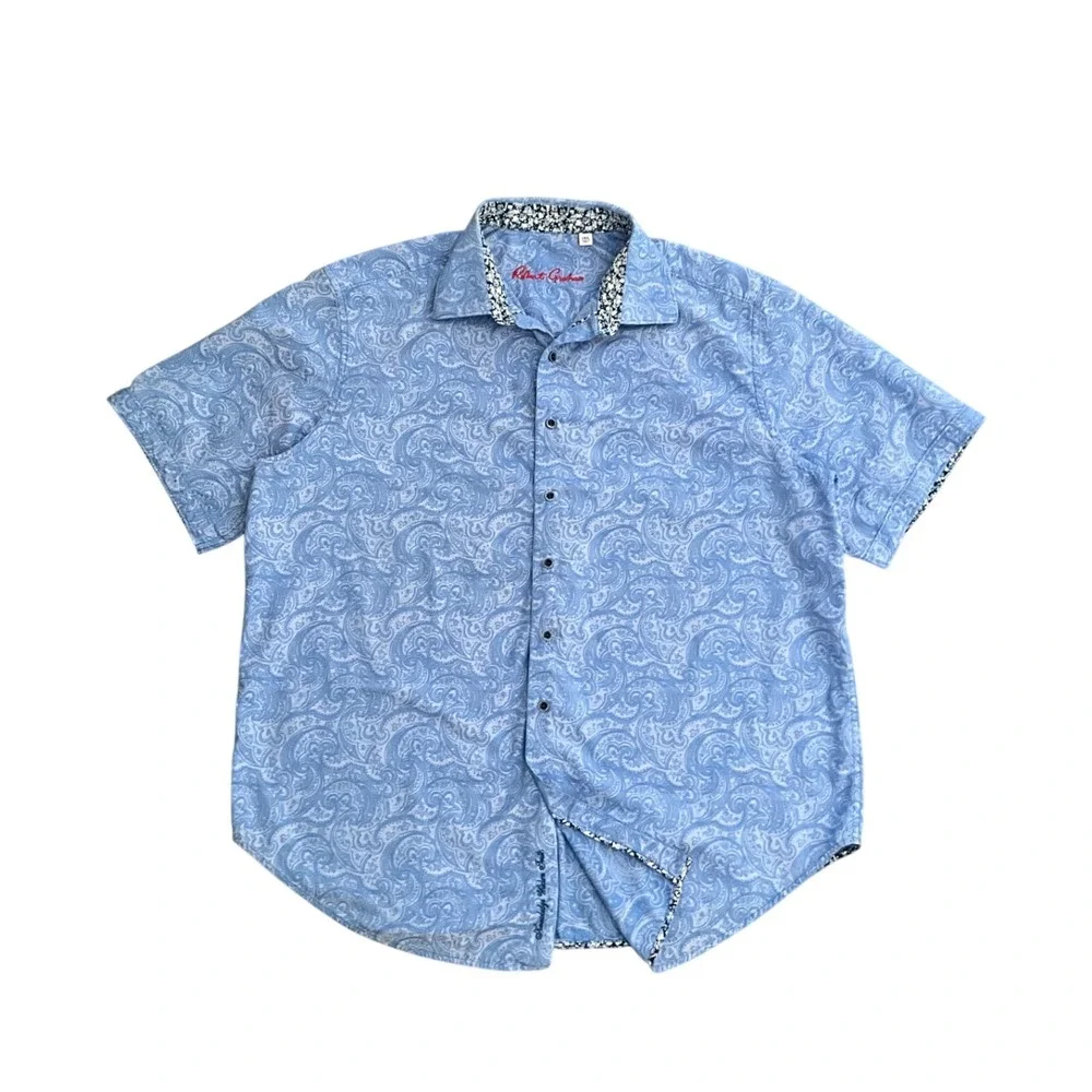 Robert Graham Paisley Button Up Shirt Blue‎ Short Sleeve Mens XXL Cotton